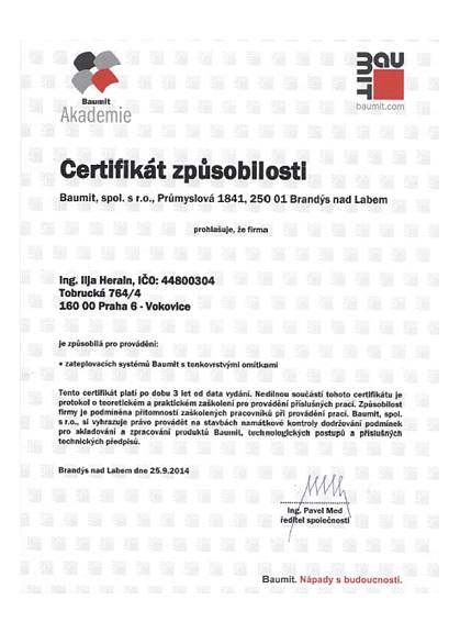 Certifikát způsobilosti, zateplovací systémy Baumit s tenkovrstvými omítkami